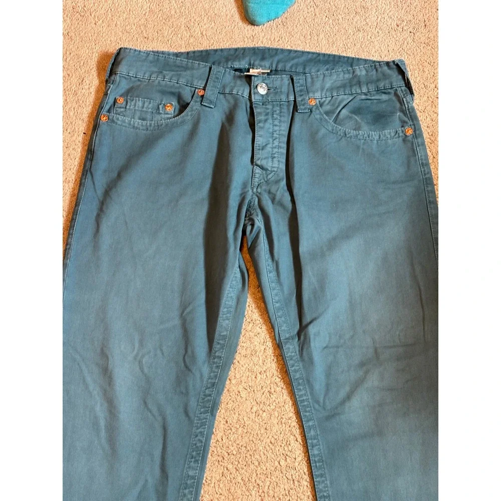 True Religion Geno Slim Straight Pants Teal Blue Cotton Chinos Mens 36x32